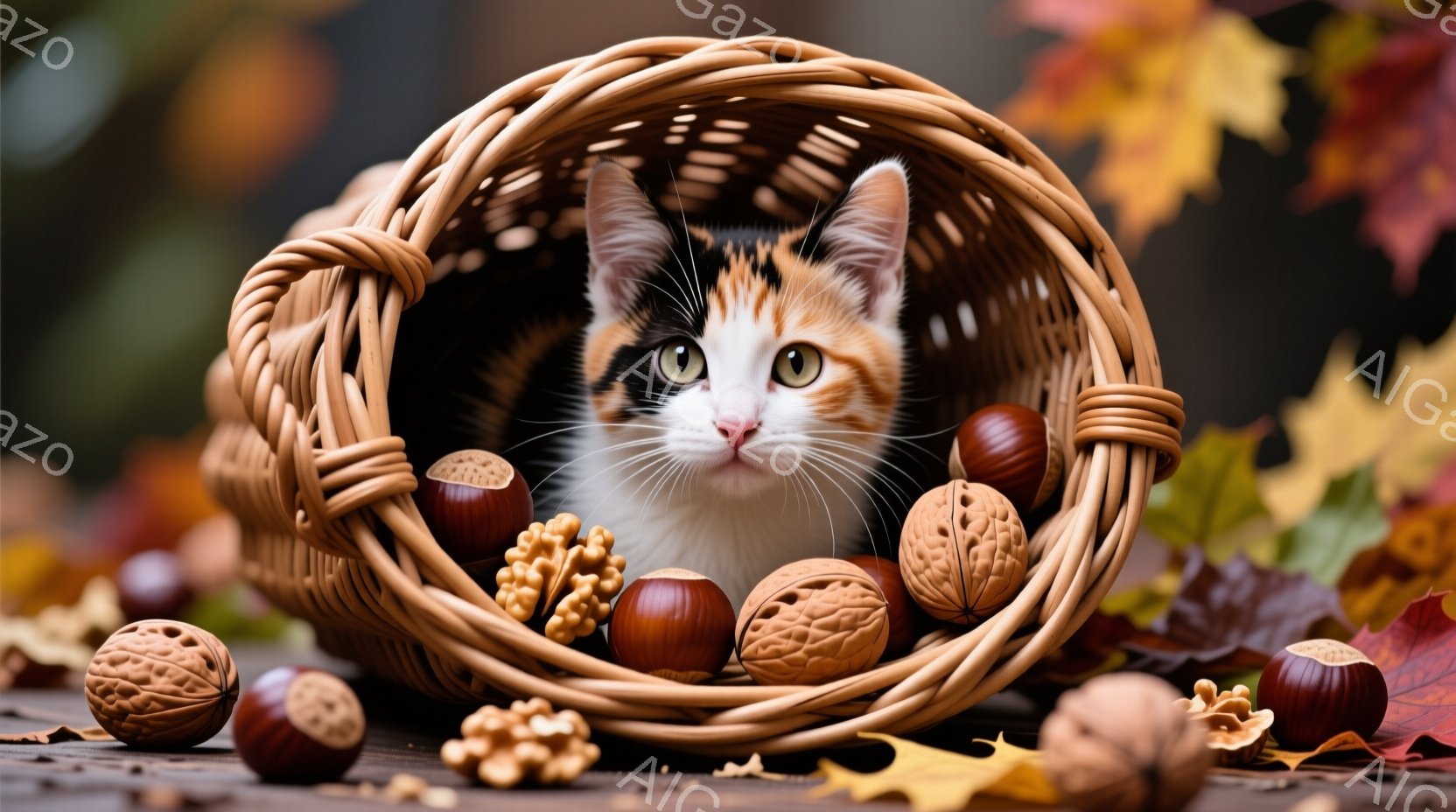 白と茶色のまだら模様の猫が、茶色の籐製の籠の中に座っており、正面を見つめています。籠の中にはドングリや栗が散りばめられており、周囲には赤や黄色の落ち葉が広がっています。秋の暖かく穏やかな雰囲気を醸し出 - AI生成フリー素材