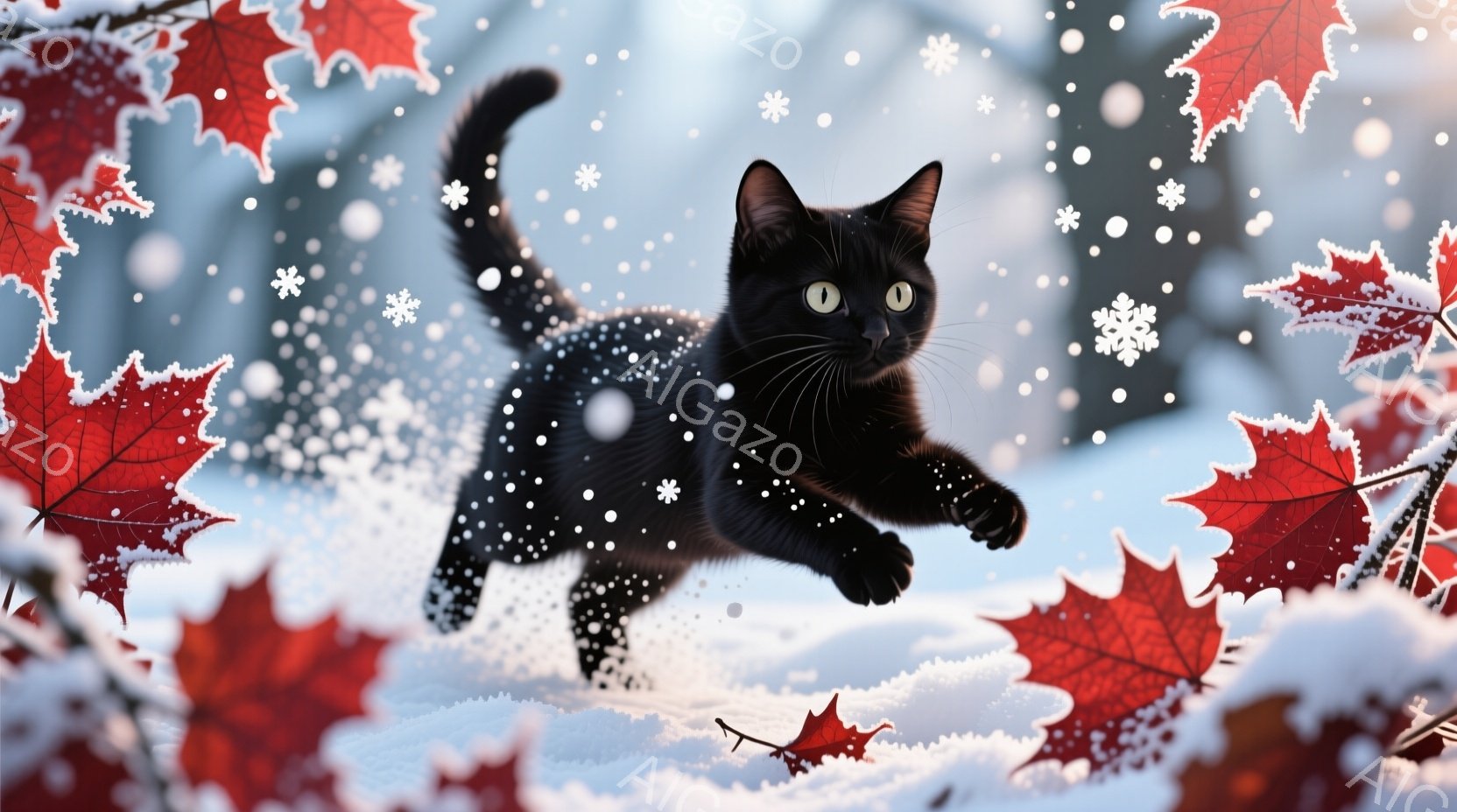 黒猫が雪の中を活発に飛び跳ねています。背景には赤いカエデの葉が散りばめられ、雪が舞い散る冬の風景が広がっています。全体的に遊び心があり、暖かく、楽しい雰囲気が漂っています。