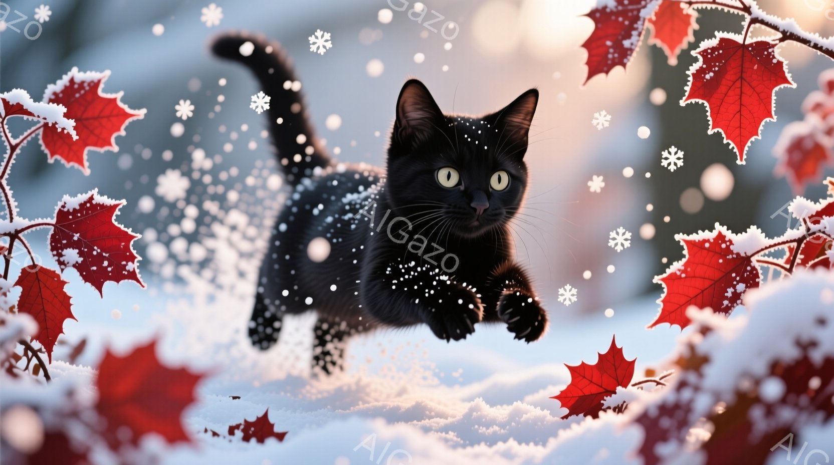 鮮やかなオレンジ色の縞模様の猫が、霜で覆われた石段に横たわっています。猫はリラックスした姿勢で、こちらを見つめており、穏やかな表情をしています。背景には、秋の色づいた葉が散らばり、冷たい空気の中で霜が - AI生成フリー素材