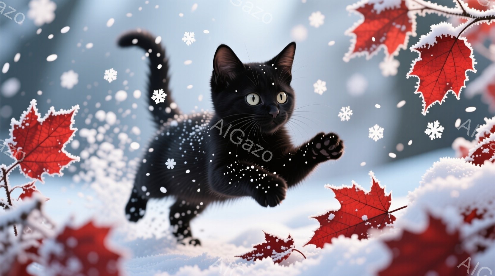 真っ黒な子猫が雪の中を走り出しており、前足が大きく伸びて躍動感があります。背景には赤く色づいたカエデの葉が舞い散り、雪と紅葉が美しいコントラストを描いています。全体的に冬の訪れを感じさせる、幻想的で可愛らしい雰囲気です。