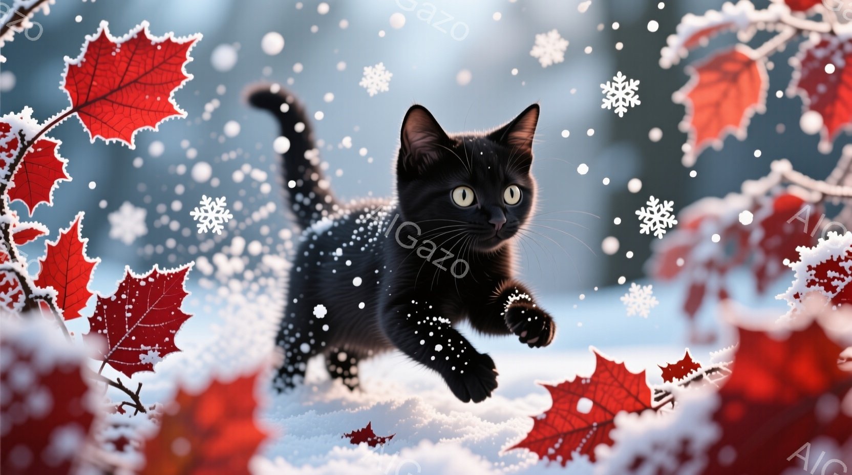 黒猫が雪景色の中で躍動している様子が描かれています。鮮やかな赤色の紅葉が猫の周りを飾り、雪片が舞い散る冬の情景を演出しています。猫は前足を伸ばし、遊び心に満ちた表情で雪の中を駆け抜けています。 - AI生成フリー素材