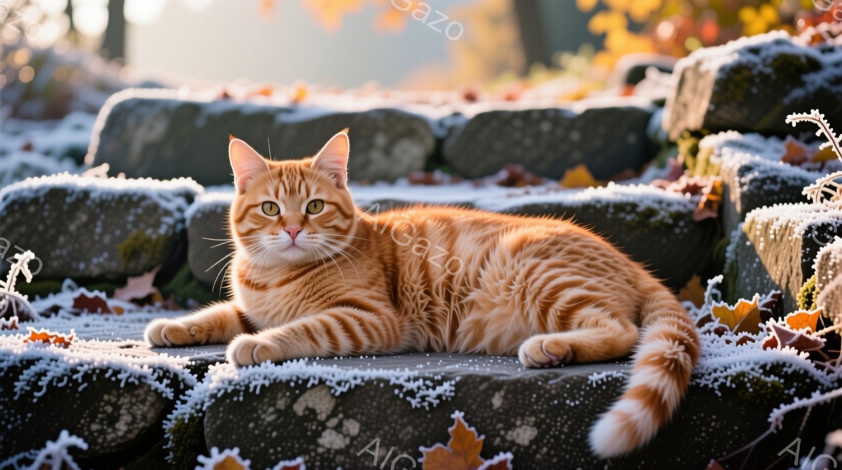 鮮やかなオレンジ色の縞模様の猫が、霜で覆われた石段にゆったりと横たわっています。猫は前足を揃え、穏やかな表情でカメラを見つめており、その尾は優雅に石段に沿って伸びています。背景には紅葉した葉と霜で覆わ - AI生成フリー素材