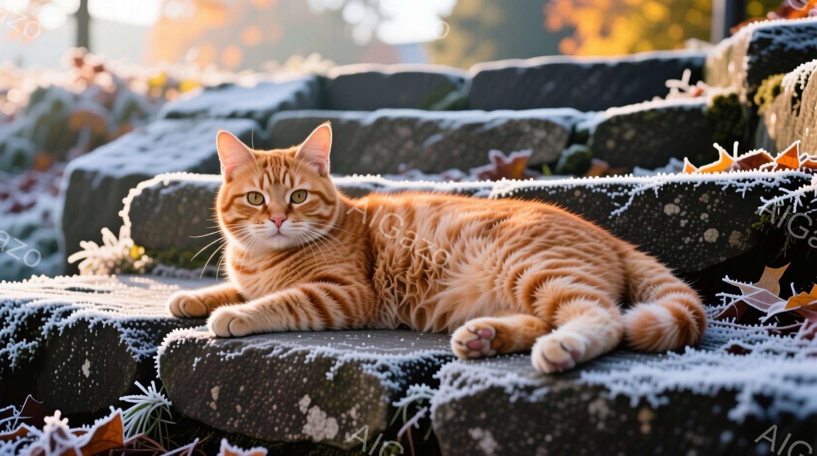 明るいオレンジ色の縞模様の猫が、霜で覆われた石段に悠々と横たわっています。猫はリラックスした表情で、前足をわずかに伸ばし、穏やかな視線をカメラに向けています。背景には霜で覆われた落ち葉と、ぼやけた自然 - AI生成フリー素材