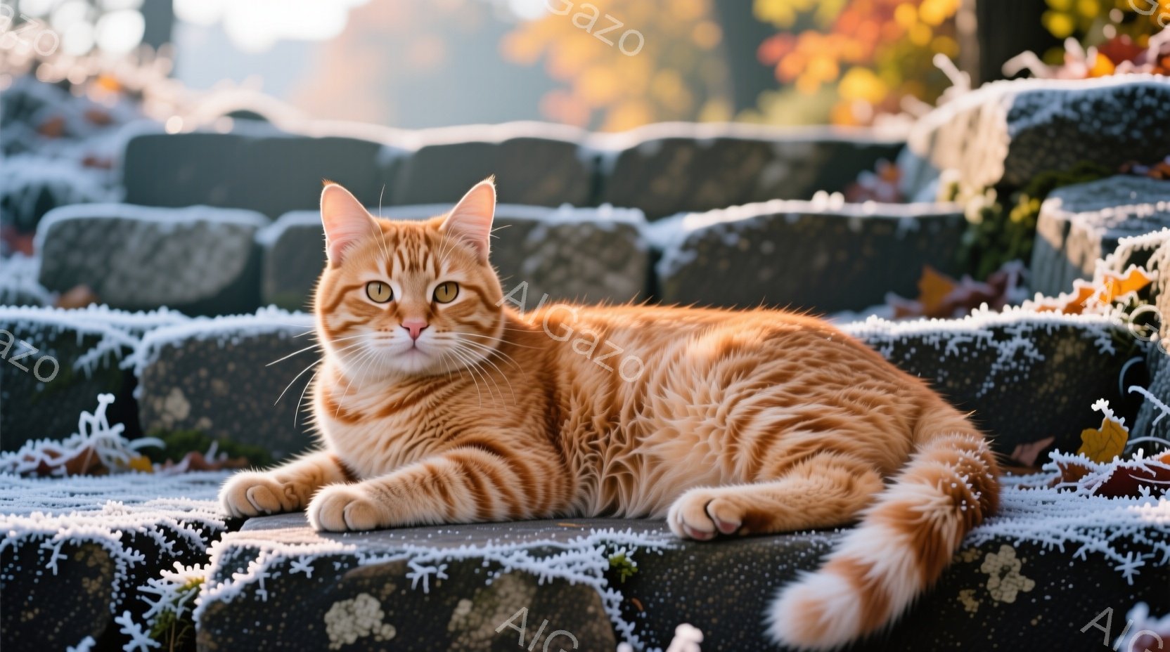 鮮やかなオレンジ色の縞模様の猫が石段に横たわっています。猫はリラックスした様子で、前足を揃えて穏やかな表情を浮かべています。背景には霜で覆われた落ち葉や石段が広がり、秋の冷たい朝の静けさが感じられます。