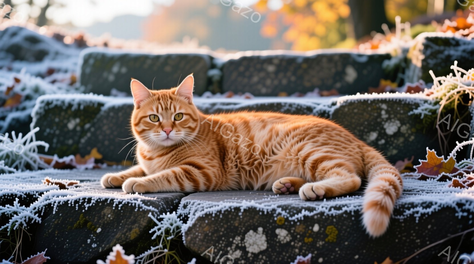 鮮やかなオレンジ色の縞模様の猫が、霜で覆われた石段にゆったりと横たわっています。猫は前足を揃え、リラックスした表情でカメラを見つめており、毛並みは柔らかく光沢があります。背景には、霜で覆われた紅葉や植 - AI生成フリー素材