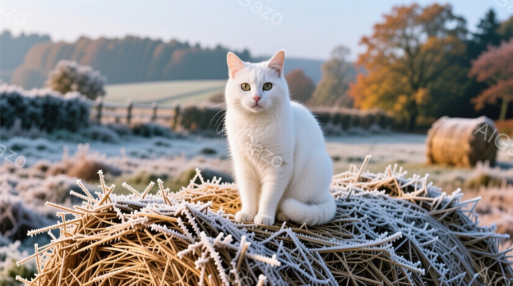 シーマーズ猫が、暖炉の火を囲む人々の集まりを見つめている。人々はカジュアルな冬の服装で、穏やかな表情で互いに向き合っている。背景には、木々に囲まれた自然豊かな風景が広がり、暖炉の炎が暖かく穏やかな雰囲気を醸し出している。