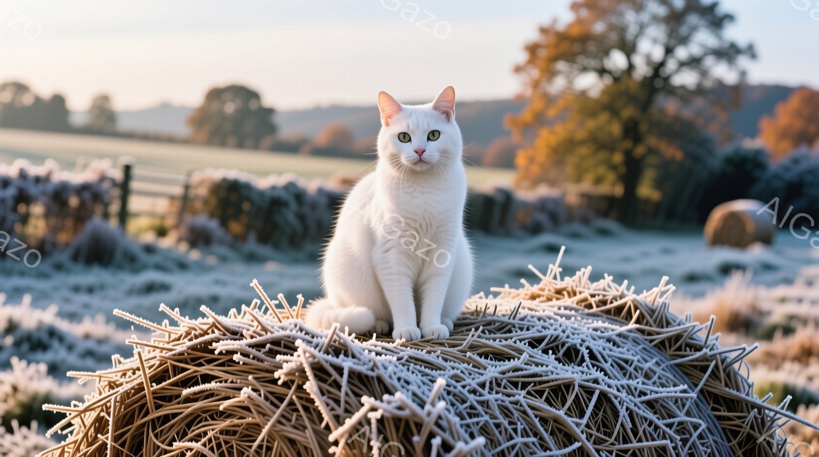 白い猫が干し草の俵の上に座っており、カメラに向かってまっすぐ見つめています。背景には霜で覆われた緑の牧草地と、遠くに見える木々や農地が広がっており、朝の冷たい空気を感じさせる冬の風景です。全体的に静か - AI生成フリー素材