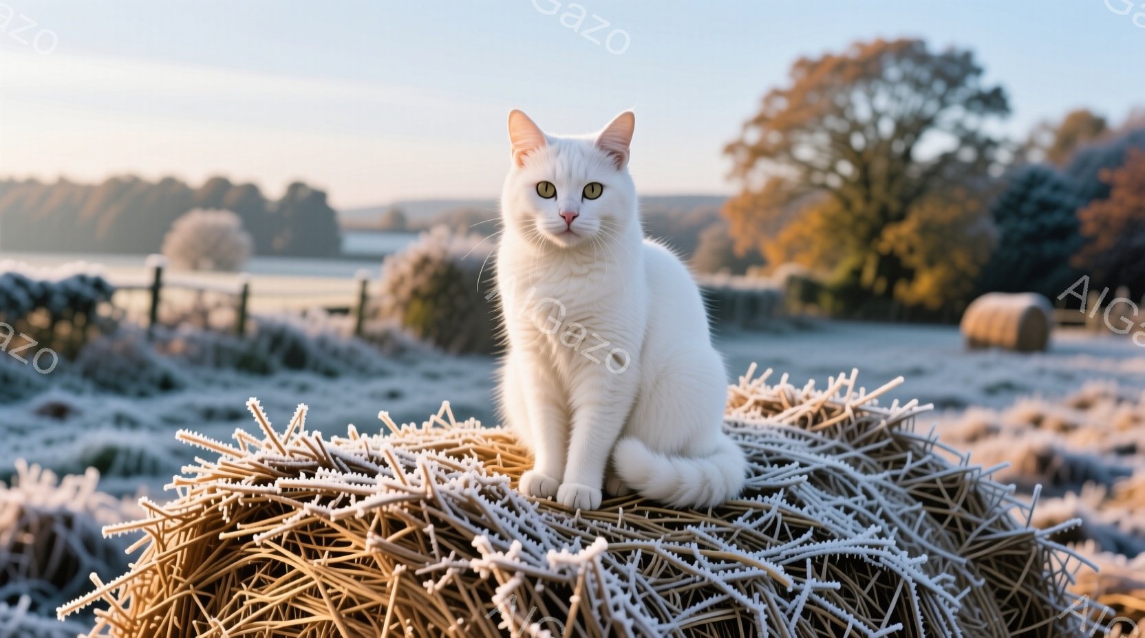 白い猫が、霜で覆われた干し草の山の上に座って正面を見つめている。その猫は鮮やかな黄金色の目を持ち、毛並みは雪のように白く、冬の朝の静けさを表している。背景には、霜で覆われた田園風景が広がり、遠くには木 - AI生成フリー素材