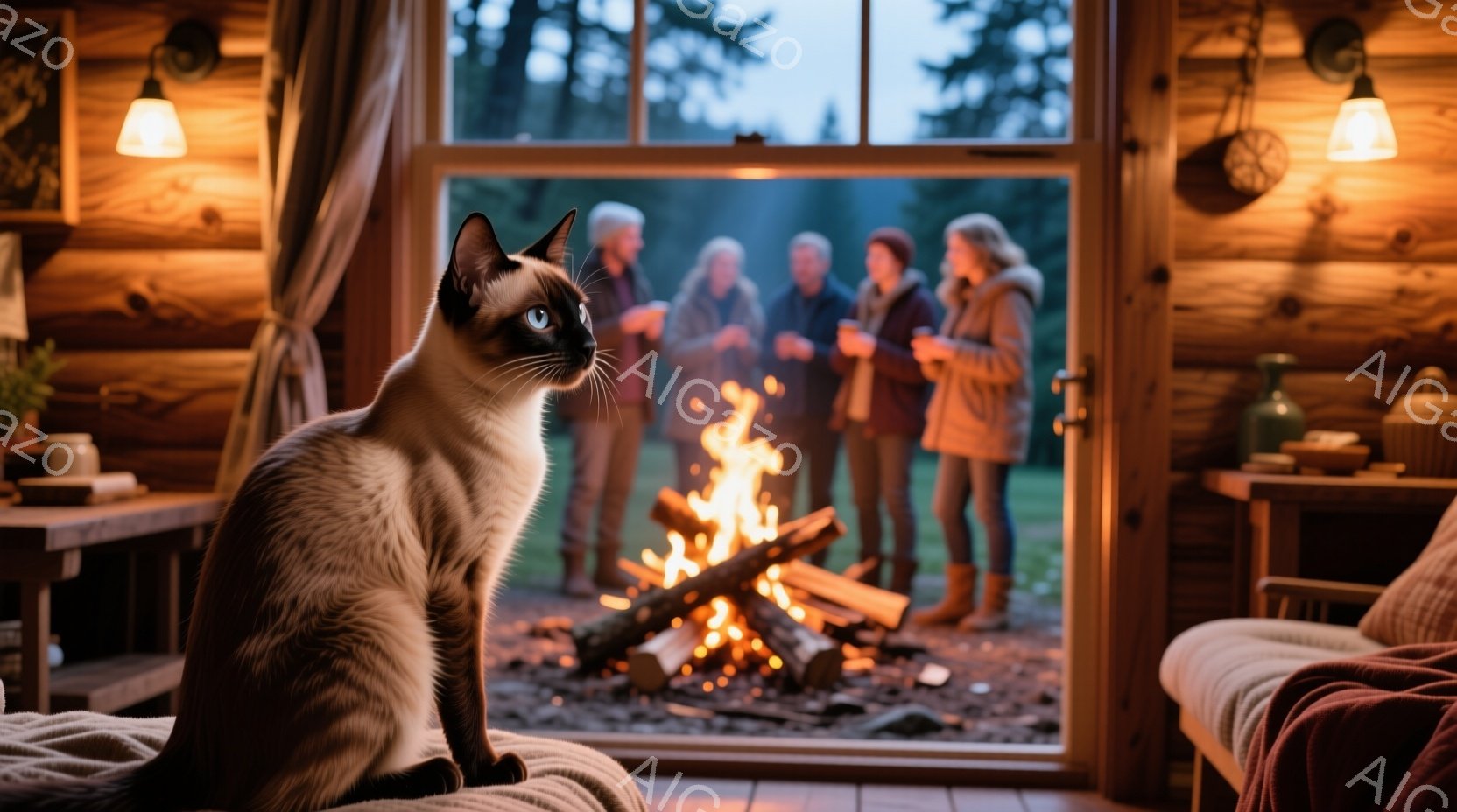 シーマと呼ばれる毛色のシャム猫が、クリーム色の布張りの家具に座り、少し斜め上を見つめている。窓の外には、焚き火を囲んで楽しむ人々のグループが見え、皆暖かくカジュアルな服装で、リラックスした雰囲気が漂っ - AI生成フリー素材