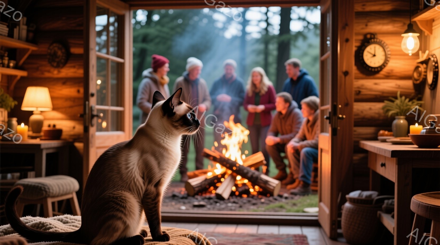 シーロの猫が、窓辺のクッションの上に座って外を見つめている。暖炉を囲んで座る人々は、ニットセーターやジャケットを着ており、リラックスした表情で談笑しているようだ。背景には深い森が広がり、霧が立ち込めており、暖かい室内と冷たい自然とのコントラストが、穏やかで落ち着いた雰囲気を醸し出している。