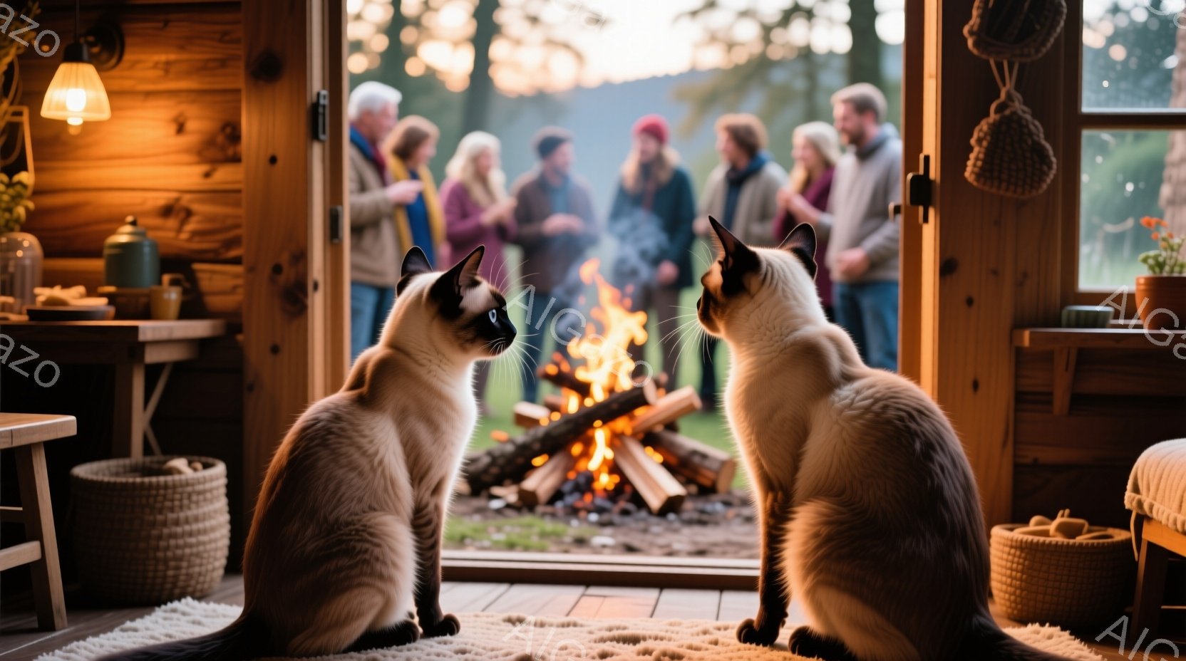 暖炉の火を囲んで人々が集まっているのが、開いたドアから見えます。彼らは皆カジュアルな服装で、楽しそうに談笑しています。室内には、籐のバスケットや木製の家具があり、温かみのある雰囲気が漂っています。