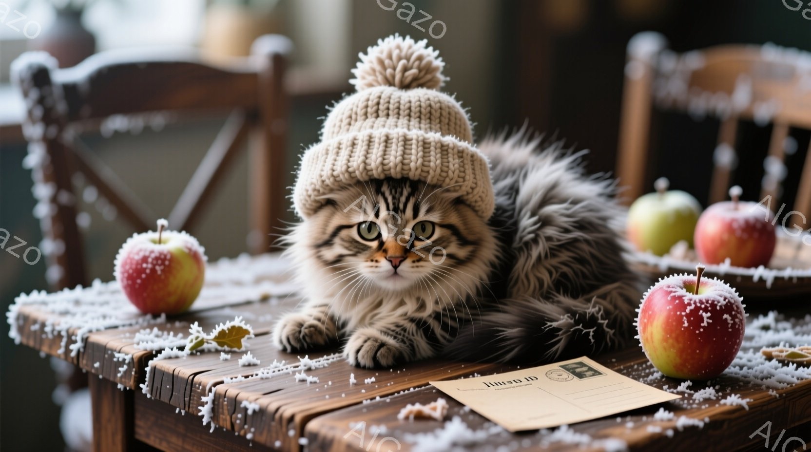 ふわふわの毛並みを持つ子猫が、頭に編み帽をかぶって木製のテーブルに座っています。テーブルの上には赤いりんごがいくつか置かれ、まるで雪が降ったかのように白いものが散りばめられています。背景にはぼんやりと椅子が見え、全体的に温かく、居心地の良い雰囲気が漂っています。
