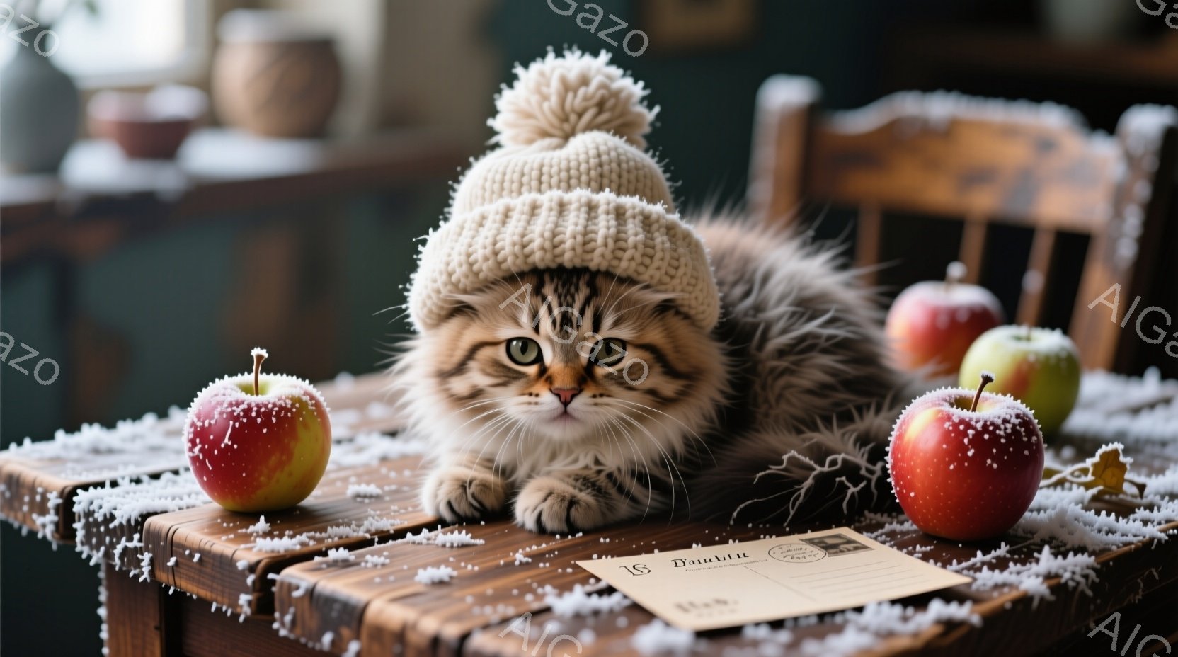 長い毛並みの茶トラ猫が、頭に編み帽をかぶって木製のテーブルの上に横たわっています。テーブルの上には赤いリンゴと雪が散りばめられており、背景にはぼやけた家具が見えます。全体的に暖かく、冬の穏やかな雰囲気 - AI生成フリー素材