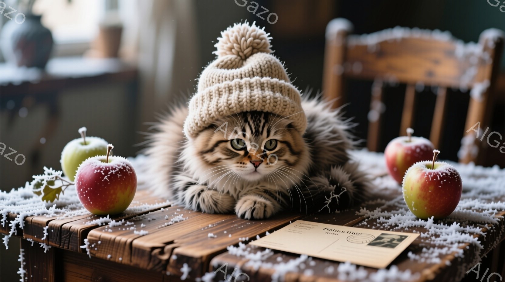 小さな子猫が、手編みのニット帽をかぶり、茶色い木製のテーブルの上に座っています。赤いりんごがテーブルの周りに置かれ、まるで雪が降ったかのようにテーブル全体に白い粉が振りかけられています。子猫は前足を揃えて座り、大きな瞳でカメラを見つめ、暖かく愛らしい雰囲気を醸し出しています。