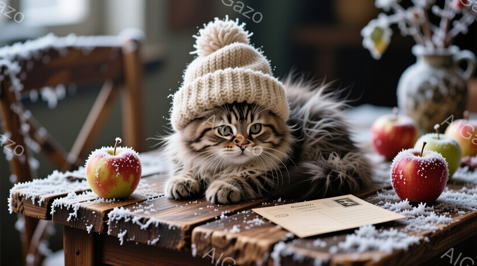 ふわふわの灰色の毛並みを持つ子猫が、編み物の帽子を被って木のテーブルの上に座っています。テーブルの上には赤いリンゴがいくつか置かれ、周囲には雪が舞っている様子が表現されています。全体的に暖かく、冬の穏 - AI生成フリー素材
