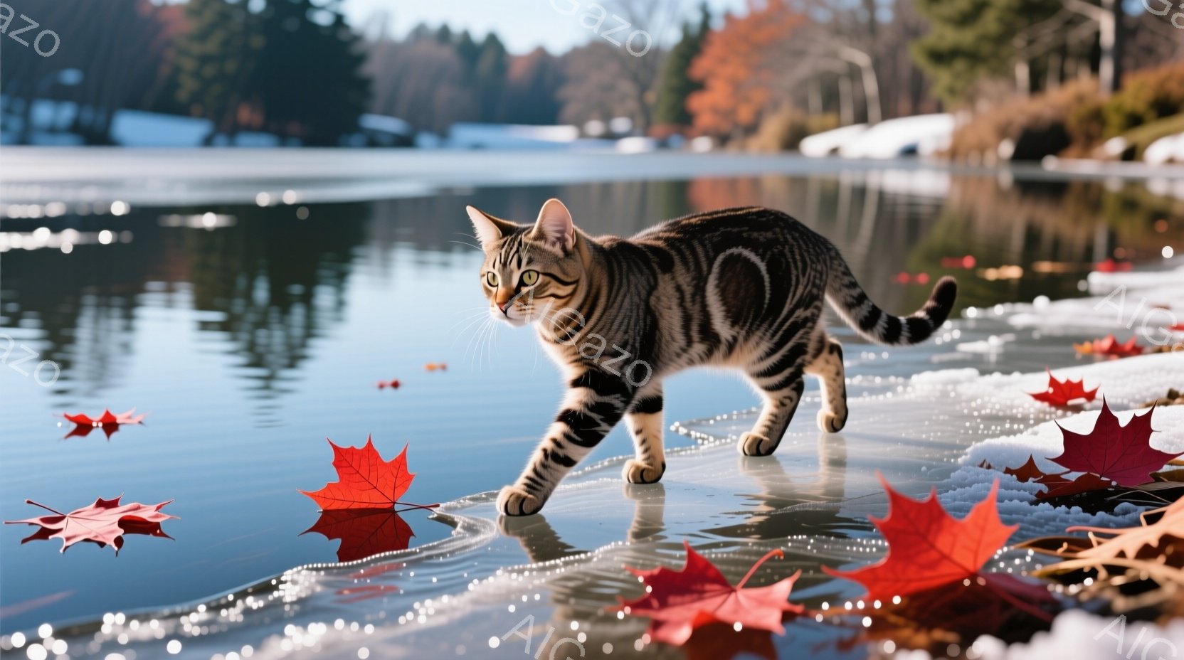 縞模様の猫が、水面に浮かぶ赤い紅葉の間を歩いている。背景には、木々が生い茂る冬の風景が広がり、水面には光が反射してキラキラと輝いている。全体的に、静かで穏やかな冬の日の雰囲気が感じられる。 - AI生成フリー素材