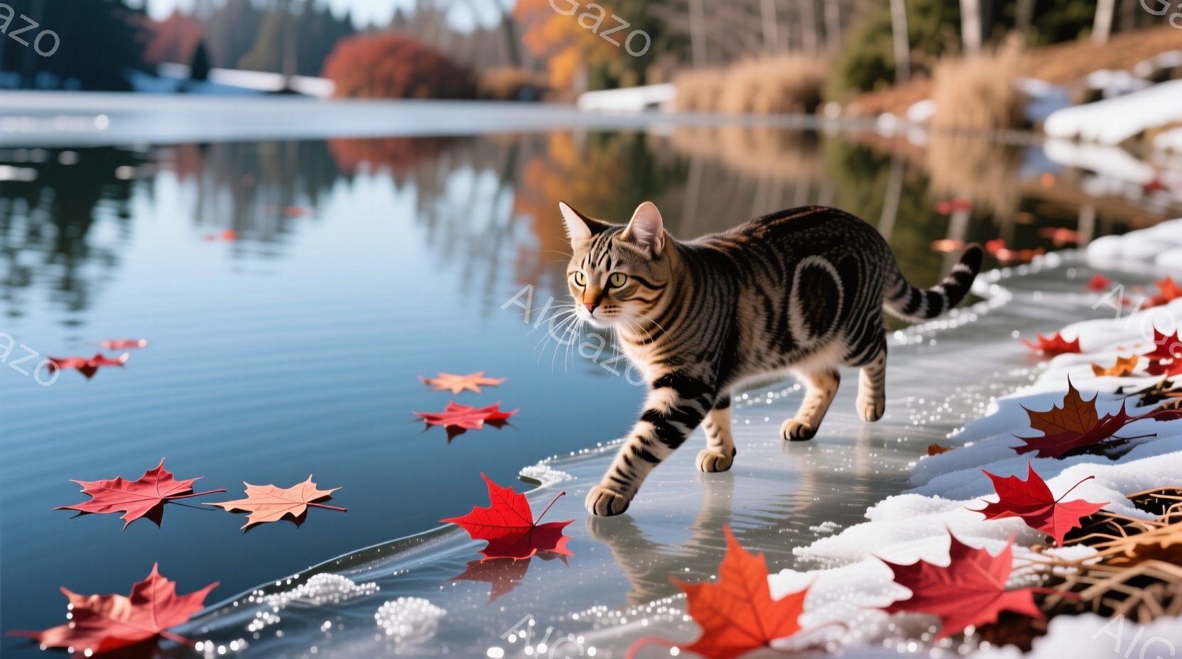 縞模様の猫が、水面を歩いているように見える写真を捉えています。背景には穏やかな湖と、赤や黄色の紅葉が浮かび、冬の訪れを感じさせる景色が広がっています。猫の表情は穏やかで、水面を優雅に歩く姿は幻想的です - AI生成フリー素材
