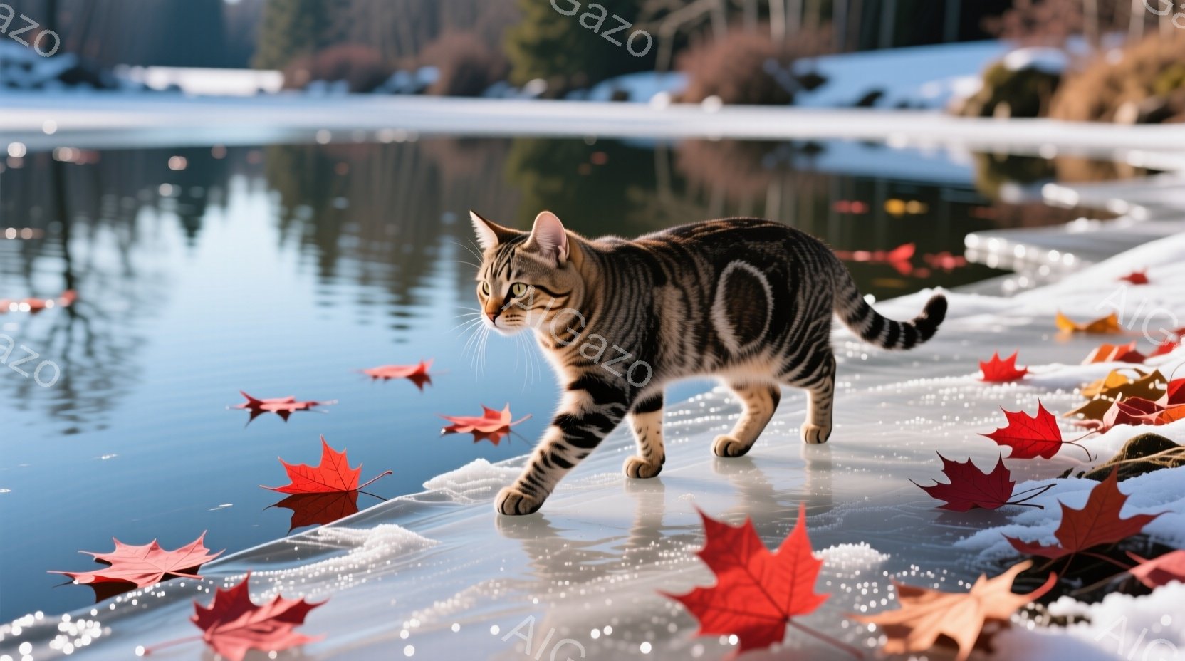 縞模様の猫が凍った湖の上を慎重に歩いている。周囲には赤やオレンジ色の紅葉が散らばり、冬の静寂と自然の美しさを際立たせている。背景には木々が見え、水面には光が反射してキラキラと輝いている。 - AI生成フリー素材