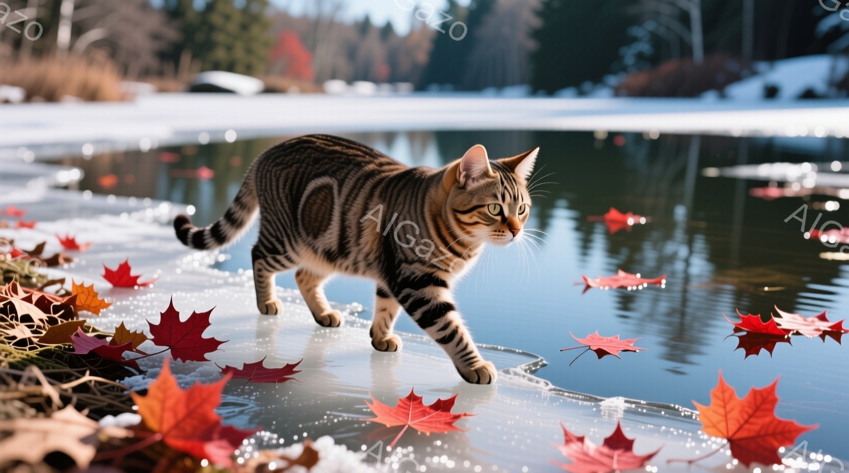 凍った湖の上を、縞模様の猫が慎重に歩いている。鮮やかな赤いカエデの葉が氷の上に散らばり、冬の景色にアクセントを加えている。背景には、雪を頂いた木々と穏やかな湖が広がり、静寂で冷たい冬の雰囲気を醸し出している。