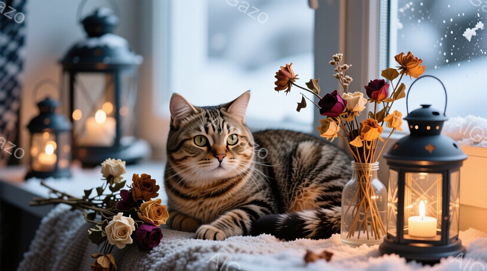 縞模様の猫が、白い毛布の上に横たわってこちらを見つめています。背後にはキャンドルが灯ったランタンと、ドライフラワーが飾られた花瓶があり、窓の外は雪景色です。暖かく、落ち着いた雰囲気の冬の情景が表現され - AI生成フリー素材