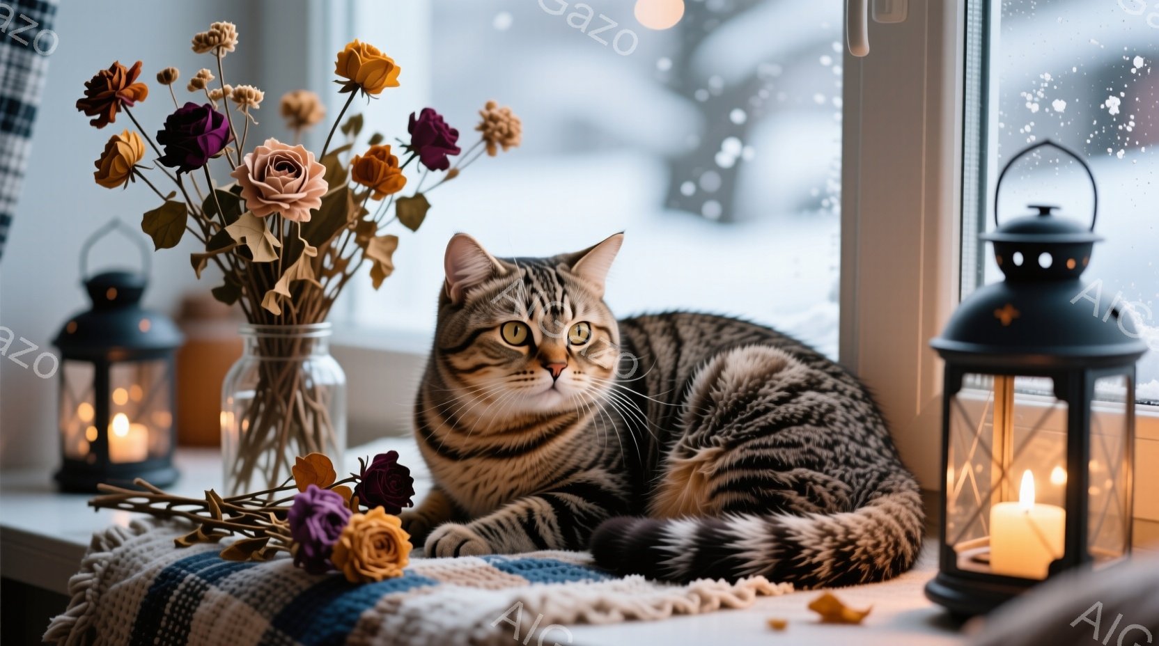 茶色の縞模様の猫が、窓辺のニットのブランケットの上に横たわっています。猫はリラックスした表情で、視線はカメラに向けられています。背景にはキャンドルが灯ったランタンと、花が飾られた瓶があり、外は雪が降る - AI生成フリー素材