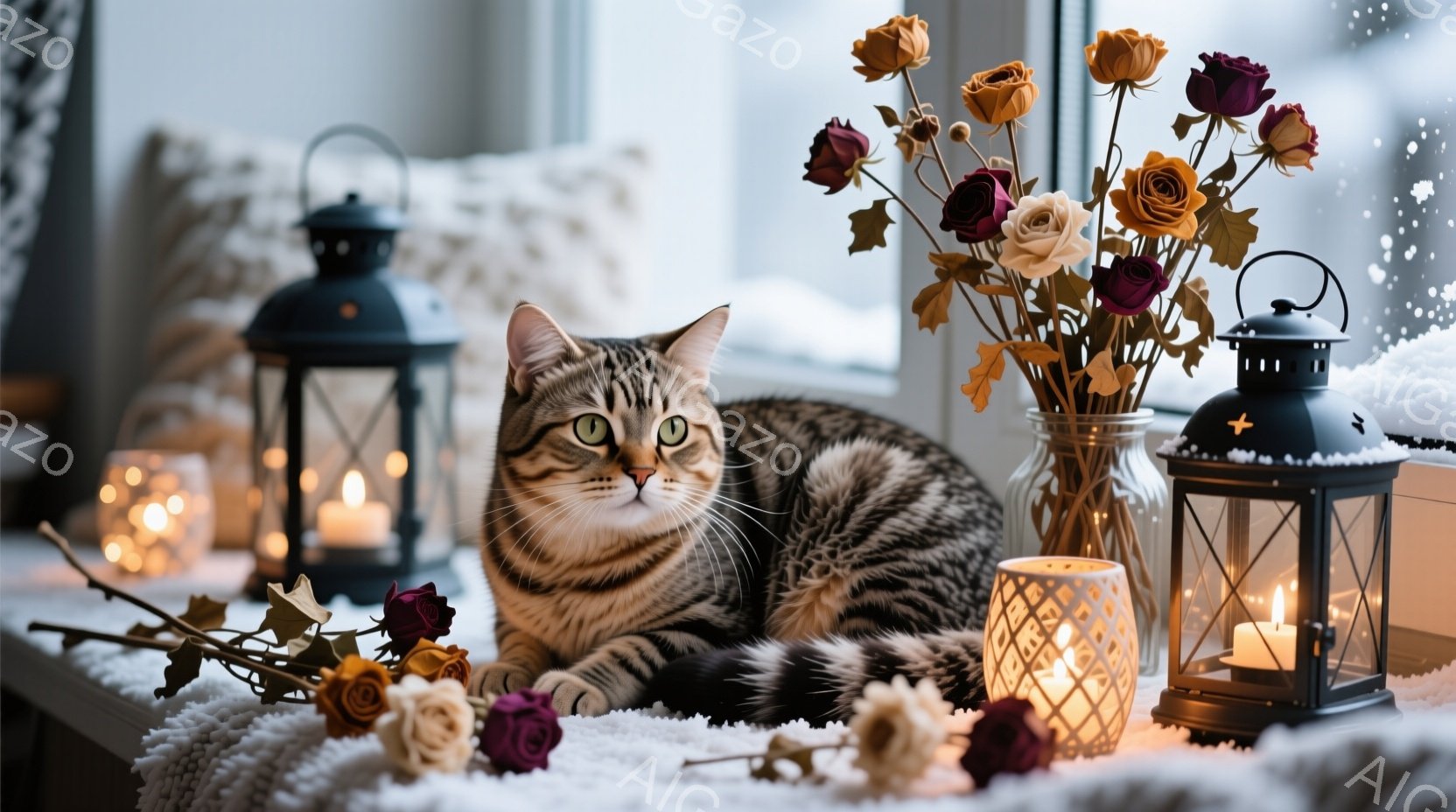 縞模様の猫が白い毛布の上に横たわり、リラックスした表情でこちらを見ています。周囲にはキャンドルが灯されたランタンや、色とりどりの枯れた花が飾られ、穏やかで暖かい雰囲気を醸し出しています。窓の外は雪景色 - AI生成フリー素材