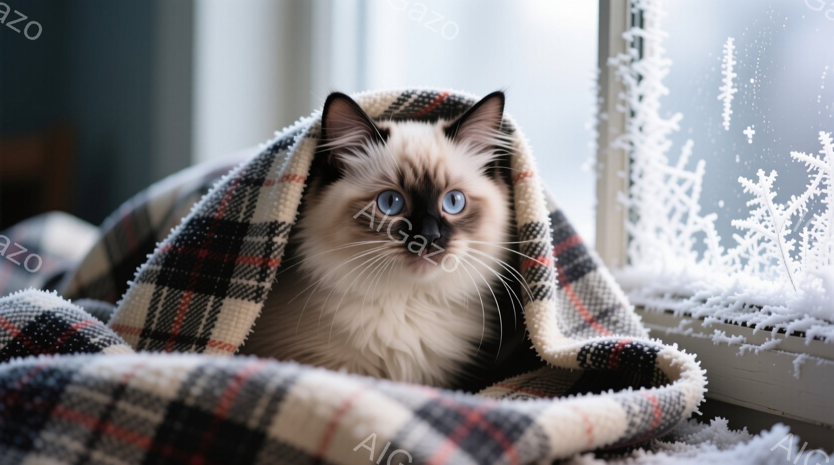 白と茶色の美しい猫が、チェック柄の毛布に包まれてリラックスしています。猫は青い目を大きく見開き、穏やかで好奇心旺盛な表情をしています。背景には霜が降りた窓があり、冬の穏やかな雰囲気が漂っています。 - AI生成フリー素材