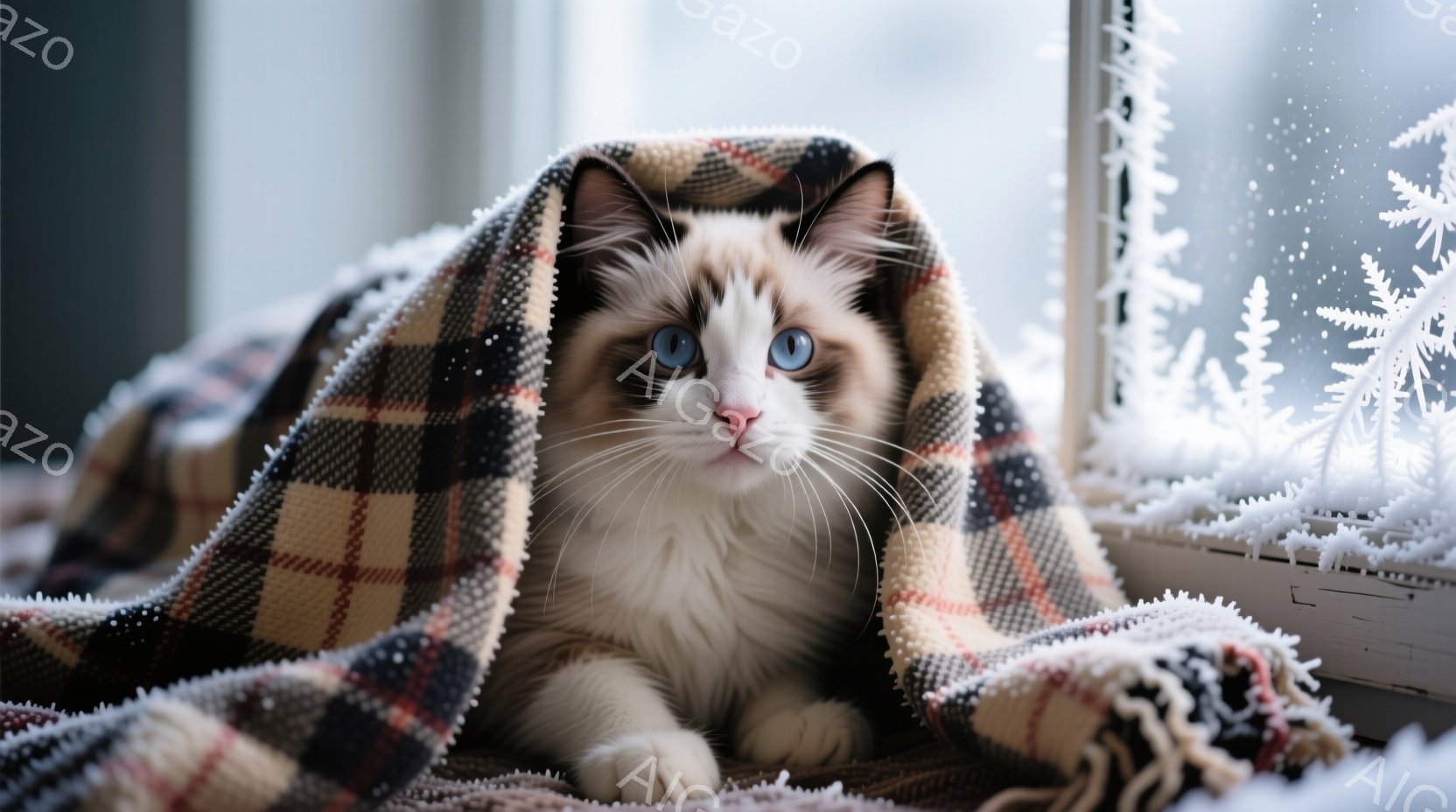 白を基調とした美しい猫が、チェック柄の毛布に包まれてリラックスした様子でこちらを見ている。その鮮やかなブルーの瞳は、まるで冬の空のようであり、毛布の温かさと猫の穏やかな表情が、安らぎに満ちた雰囲気を醸 - AI生成フリー素材