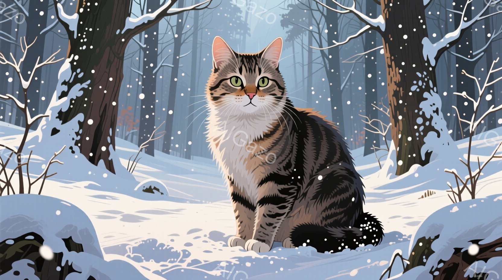 茶色と黒の縞模様の猫が雪の中に座っています。猫はまっすぐ前を見ており、緑色の瞳が印象的です。背景には雪に覆われた木々が立ち並び、雪が舞っている冬の森の静かで穏やかな雰囲気が漂っています。