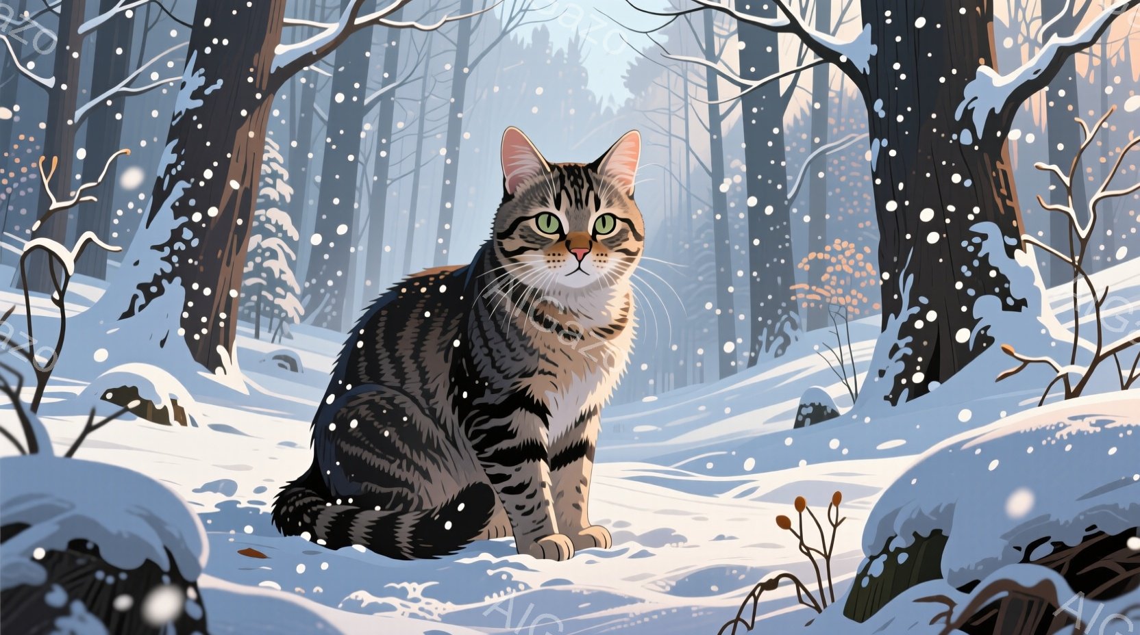 縞模様の猫が雪景色の中で座っています。猫は正面を見据え、鋭い緑色の目とわずかに開いた口で、静かに周囲を観察しているようです。背景には雪に覆われた木々が立ち並び、冬の静寂さと冷たさを感じさせる光景です。 - AI生成フリー素材