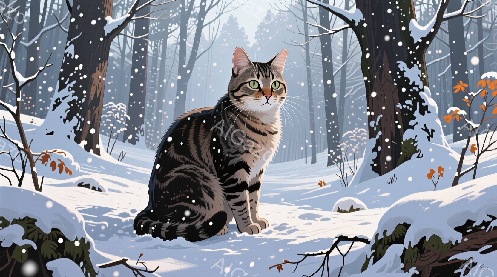 雪景色の中に、縞模様の茶トラ猫が座っている。猫は前方を少し見上げ、静かに周囲を観察しているように見える。背景には雪に覆われた木々が生い茂り、冬の静寂で冷たい雰囲気が漂っている。