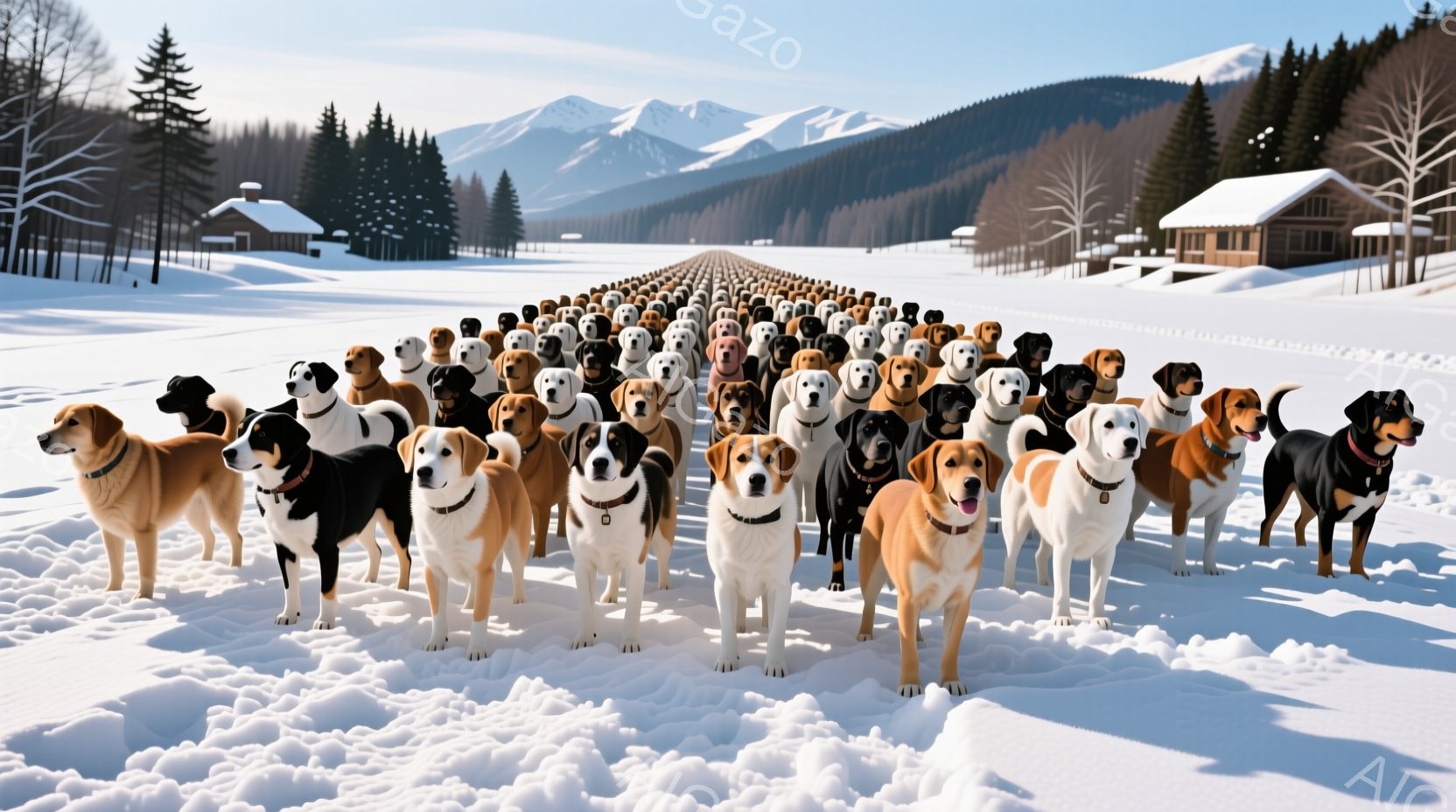 雪景色の中に、様々な種類の犬が整然と列をなして立っている。犬たちは皆、カメラの方を向いており、穏やかで少し好奇心旺盛な表情をしている。背景には木々が生い茂り、遠くには雪を頂いた山々と、屋根に雪が積もっ - AI生成フリー素材