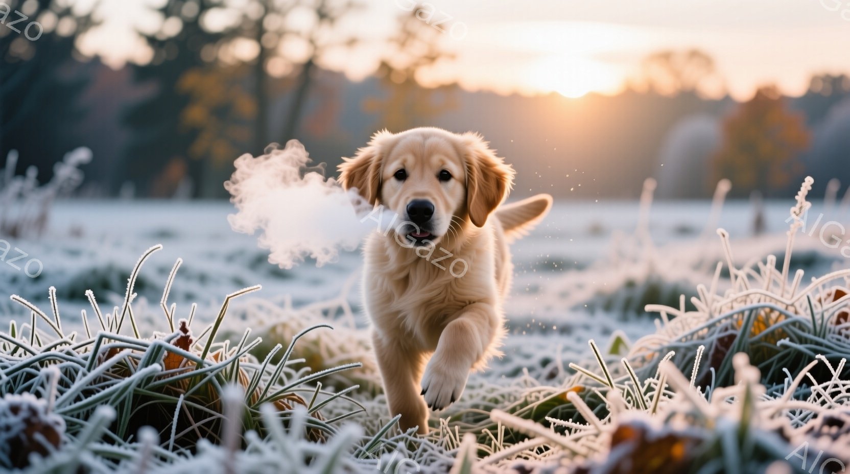 金色の毛並みのゴールデンレトリバーの子犬が、霜が降りた草の上を元気に走り抜けている。吐く息が白い蒸気となって漂い、冬の冷え込みを表現している。背景にはぼやけた木々と、柔らかい朝焼けの光が広がり、暖かく - AI生成フリー素材