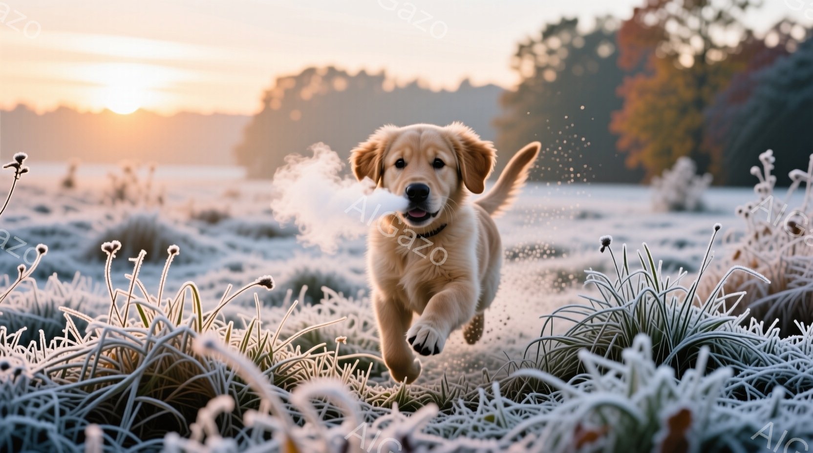 霜で覆われた草むらの中を、ゴールデンレトリバーの子犬が勢いよく走り抜けている。子犬は口から白い息を吐き出し、楽しげな表情で、まるで遊び心に満ちた夢の中を駆け抜けているかのようだ。背景には、夕焼けのオレンジ色がかった空と、ぼやけた木々が見え、凍てつくような冬の朝の穏やかで暖かい雰囲気を醸し出している。