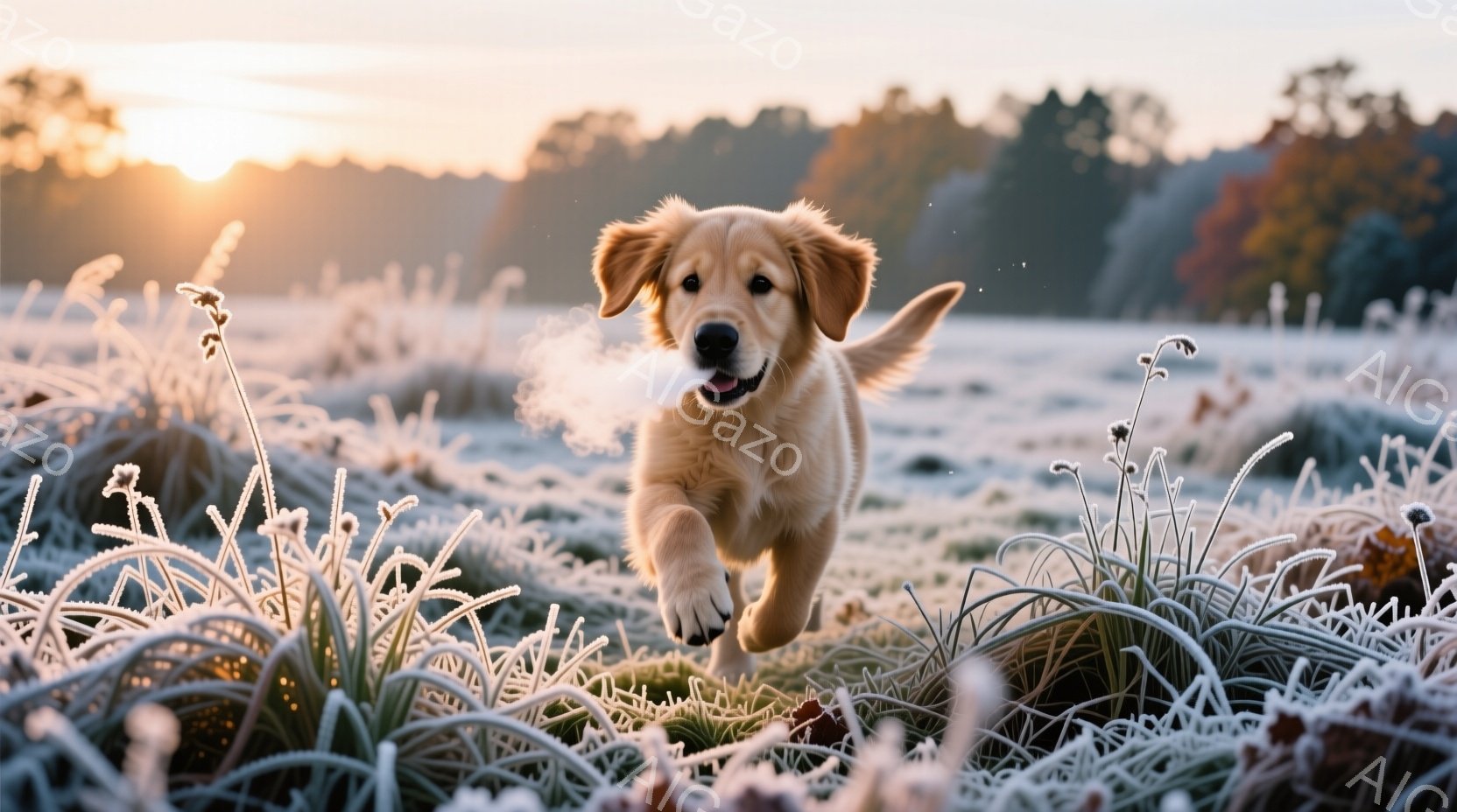 金色のレトリバーが霜が降りた草の上を走り、口を開けて楽しそうにしている。背景には、朝日に照らされた木々と薄暗い風景が広がり、冷たい空気と温かい光が混ざり合っている。全体として、自然の中で自由奔放に遊ぶ犬の、喜びと活気に満ちた瞬間を捉えた画像である。