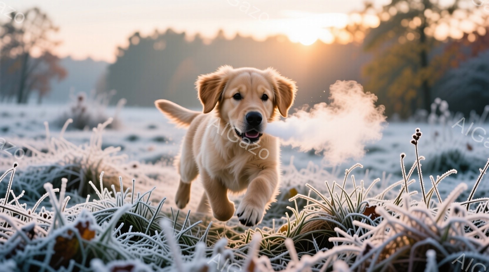 金色の毛並みを持つ子犬が、霜が降りた草原を勢いよく駆け抜けている。背景にはぼんやりとした木々と、朝日が昇る柔らかな光が広がり、息が白く見えることから、冷たい空気の中で活動的な様子が伝わる。全体的に、暖 - AI生成フリー素材