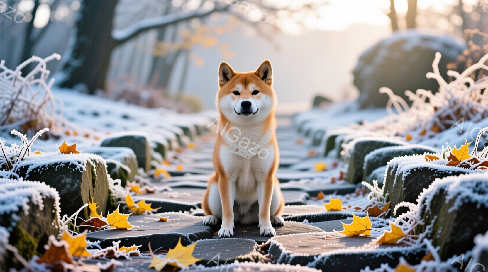 柴犬が石畳の道に座っており、正面を見て穏やかな表情を浮かべています。背景は霜で覆われた植物と石灯籠が並び、冬の静寂な雰囲気を醸し出しています。朝日が差し込み、全体的に暖かく穏やかな印象を与えます。 - AI生成フリー素材