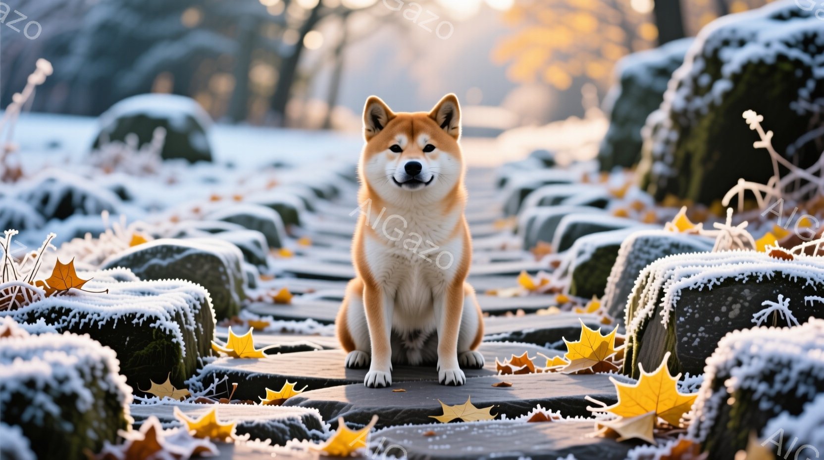 柴犬が苔むした石畳の道に座り、穏やかな表情で正面を見つめている。背景は霜で覆われた植物と、ぼやけた木々があり、冬の穏やかな朝の雰囲気を感じさせる。落ち葉が石畳に散らばっており、季節の移り変わりを暗示し - AI生成フリー素材