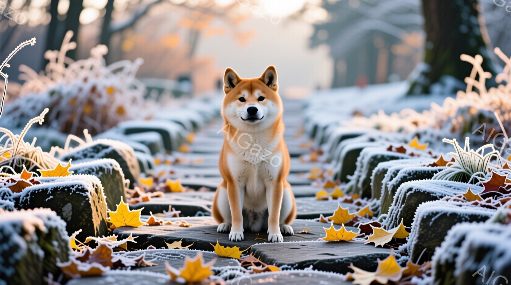 柴犬が霜で覆われた石畳の道に座っています。毛並みは赤と白で、顔には穏やかな表情が見られます。背景には霜が降りた草木があり、冬の静寂で冷たい雰囲気が漂っています。 - AI生成フリー素材
