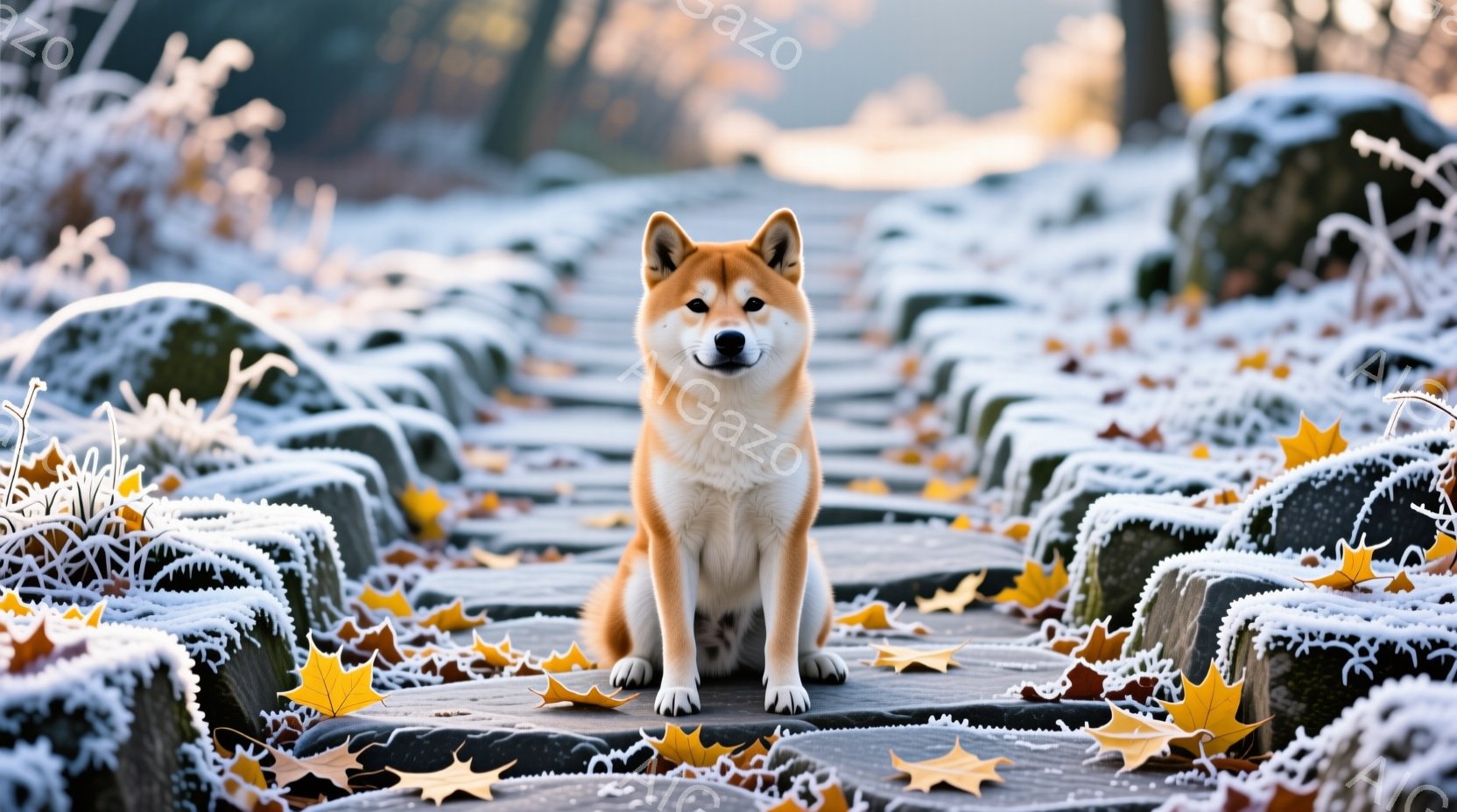 柴犬が石畳の道に座っており、正面を見て穏やかな表情を浮かべている。道の両脇には霜で覆われた草が生え、地面には落ち葉が散らばっている。背景はぼやけており、冬の冷たい空気を感じさせる静寂な雰囲気である。 - AI生成フリー素材