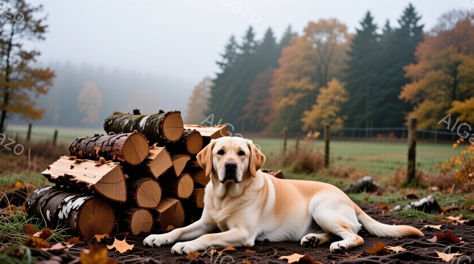 クリーム色のラブラドール・レトリバーが、切り株の山と落ち葉の上に横たわっています。背景には緑の牧草地と木々の生い茂る森が広がり、穏やかな秋の天候を示唆しています。全体的に暖かく、静かで、牧歌的な雰囲気 - AI生成フリー素材