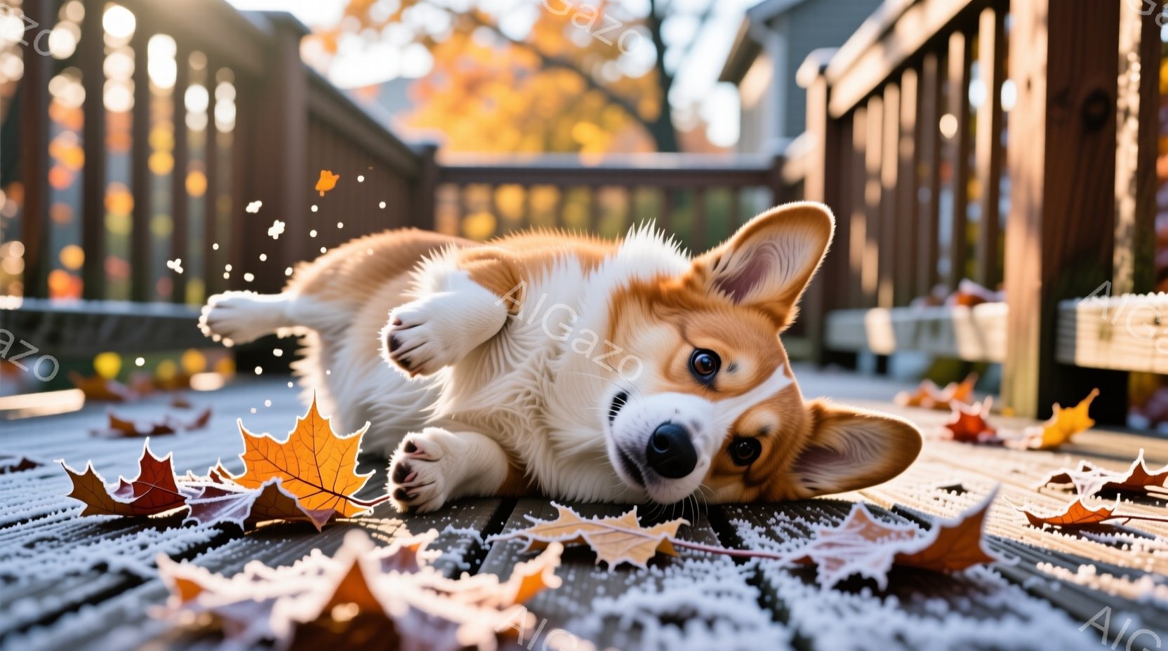 コルギの子犬が木のデッキの上で仰向けになり、嬉しそうにこちらを見ている。周りには紅葉した葉が散りばめられ、秋の陽光が暖かく差し込んでいる。デッキの木材の質感と背景のぼやけた緑が、穏やかでリラックスした - AI生成フリー素材