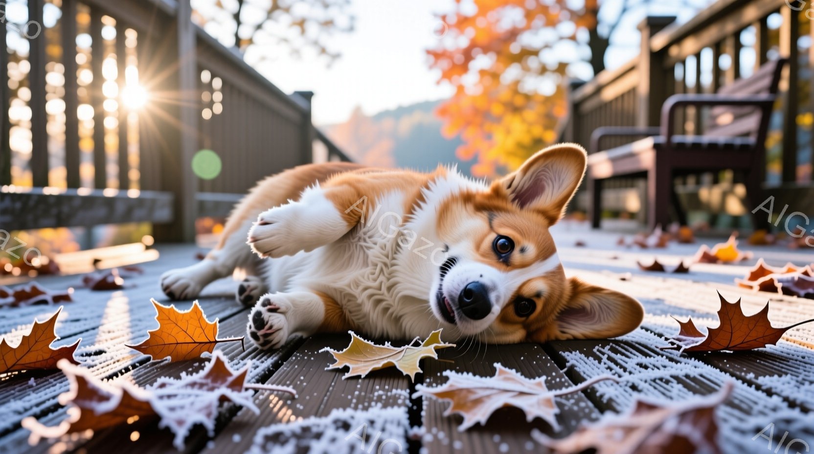 コルギの子犬が木製のデッキの上で仰向けに寝そべっています。周囲には鮮やかなオレンジ色の落ち葉が散らばり、子犬は嬉しそうにカメラを見つめています。背景には、秋の紅葉と建物のシルエットが見え、朝日の光が差 - AI生成フリー素材