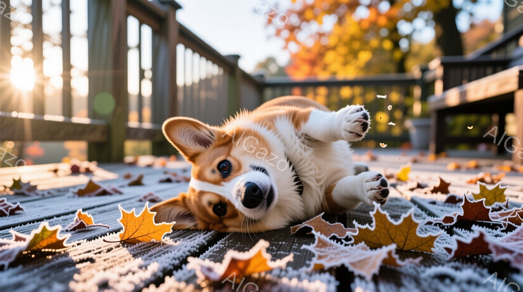 コルギの子犬が木のデッキの上で仰向けに寝そべっており、片方の足を伸ばしてリラックスした様子を見せています。周りには秋らしい紅葉の葉が散らばり、背景にはぼやけた木々が見えます。全体的に、暖かく、穏やかで - AI生成フリー素材