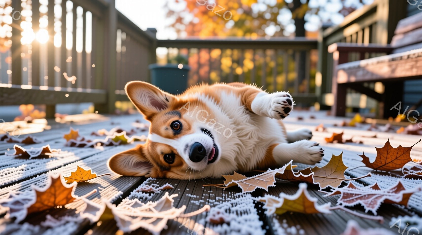 秋の木製のデッキに、コギー犬が仰向けになって横たわっています。犬は口を開けて嬉しそうに微笑み、周囲には散らばったオレンジ色の紅葉が広がっています。背景には秋色の木々と手すりのあるデッキが写っており、全 - AI生成フリー素材