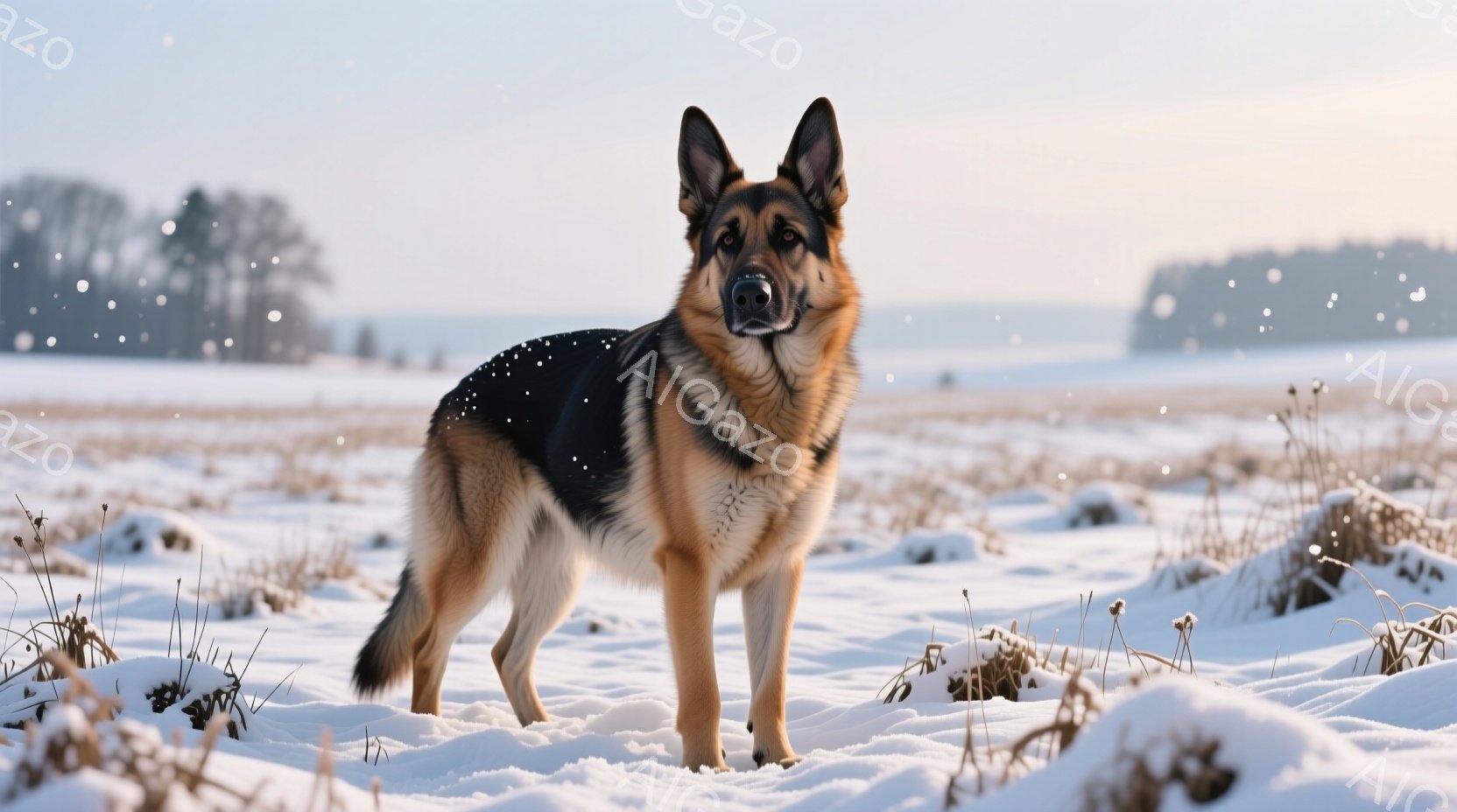 雪景色の中に、ジャーマンシェパードが凛々と立っている。毛並みは黒と茶色のコントラストが美しく、雪に覆われた茶色の草の上にしっかりと足を着けている。背景にはぼんやりとした木々のシルエットが見え、全体的に静かで厳かな雰囲気を醸し出している。