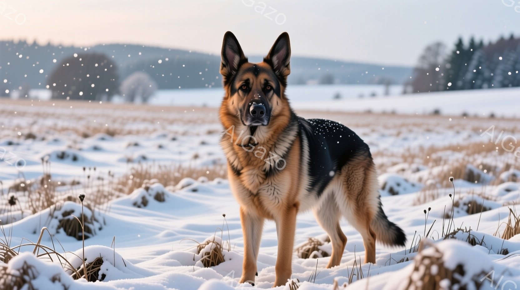 雪景色の中に、ジャーマンシェパードが凛々と立っている。毛並みは黒と茶色が混ざり合い、雪の上に鮮やかなコントラストを生み出している。背景には、うっすらと雪をまとった木々や丘が見え、静かで穏やかな冬の雰囲気を醸し出している。