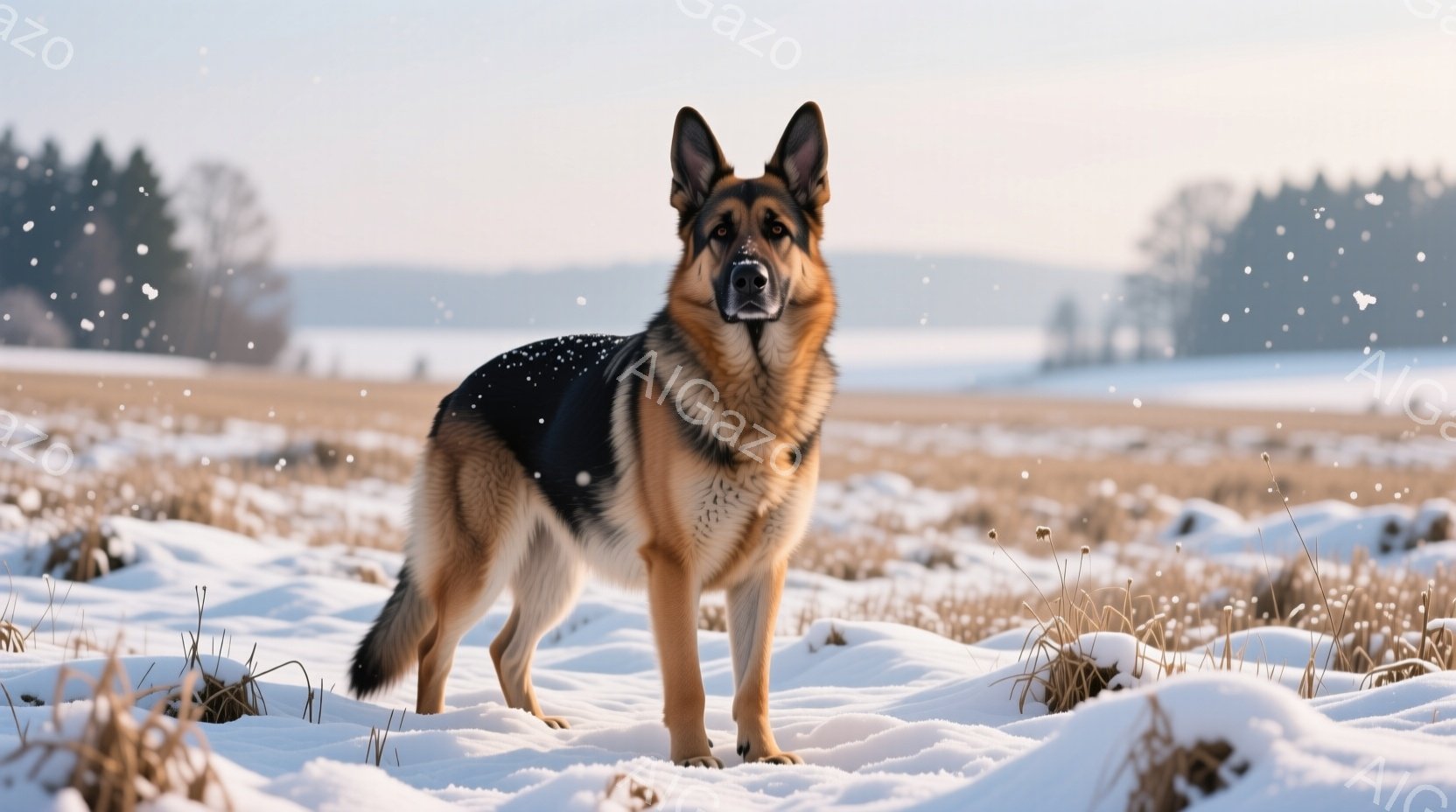 鮮やかな雪景色の中に、毛並みの美しいジャーマンシェパードが立っている。犬は堂々とした姿勢で正面を見据え、少し雪が積もった茶色の草の上に立っている。背景には雪に覆われた平原が広がり、遠くにはぼんやりと木 - AI生成フリー素材