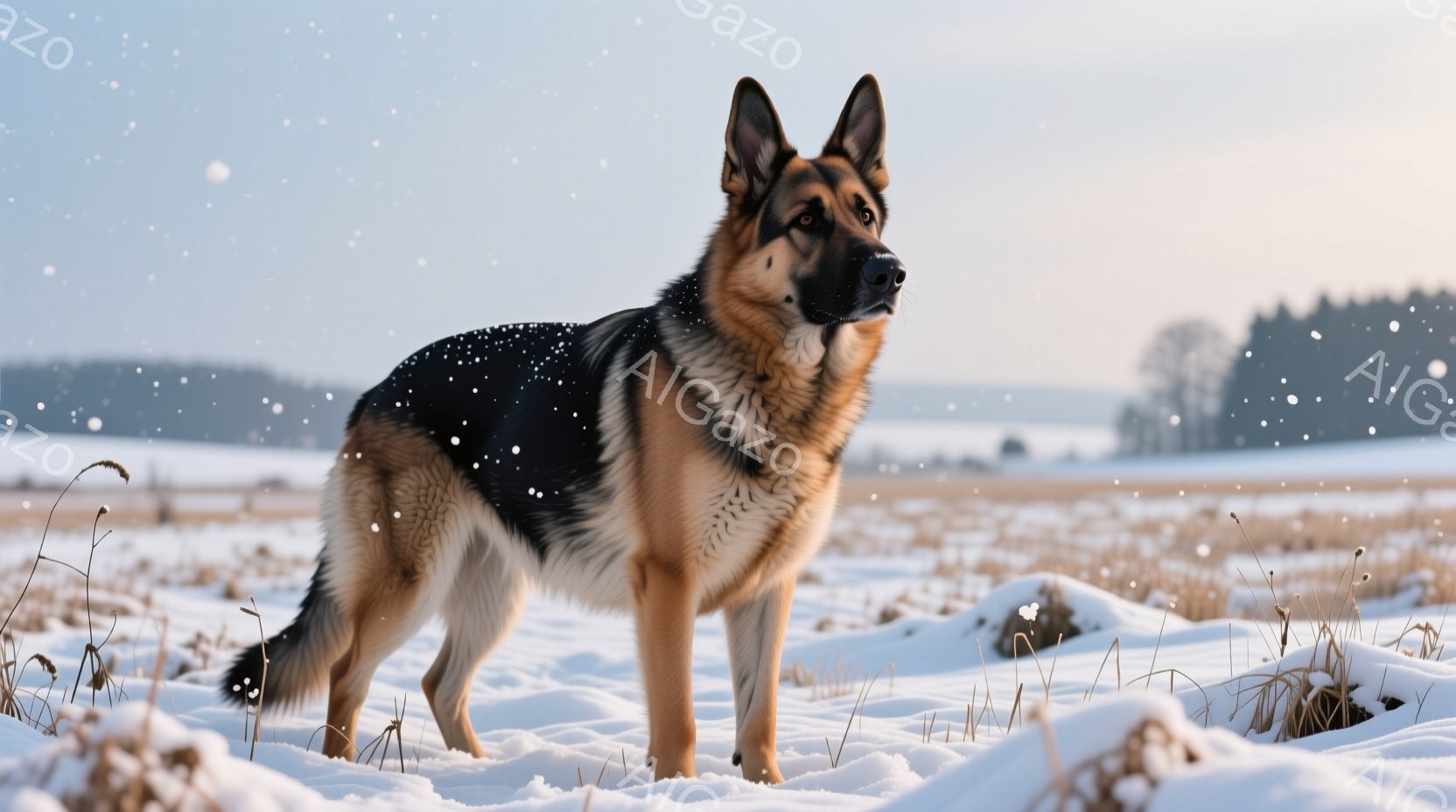雪が舞う野原に、美しいジャーマンシェパードが立っている。毛並みは黒と茶色のコントラストが美しく、凛々しい表情で遠くを見つめている。背景には雪に覆われた草原と、ぼんやりと見える木々のシルエットが広がり、 - AI生成フリー素材