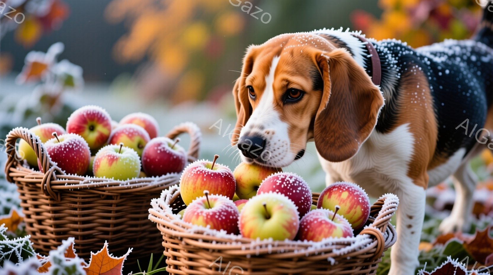 霜で覆われたリンゴがたくさんの籠が二つ写っており、その傍らにビーグル犬が鼻を近づけています。犬は茶色と白の毛並みで、顔は真剣な表情でリンゴの匂いを嗅いでいるようです。背景は紅葉した葉が散りばめられた自 - AI生成フリー素材